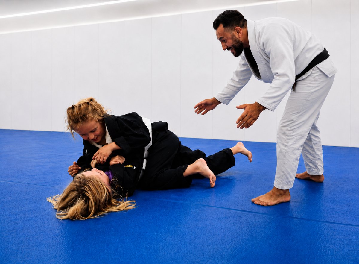 Private and small group Brazilian Jiu-Jitsu training at Ramona MMA Center, instructor coaching two kids on the mat
